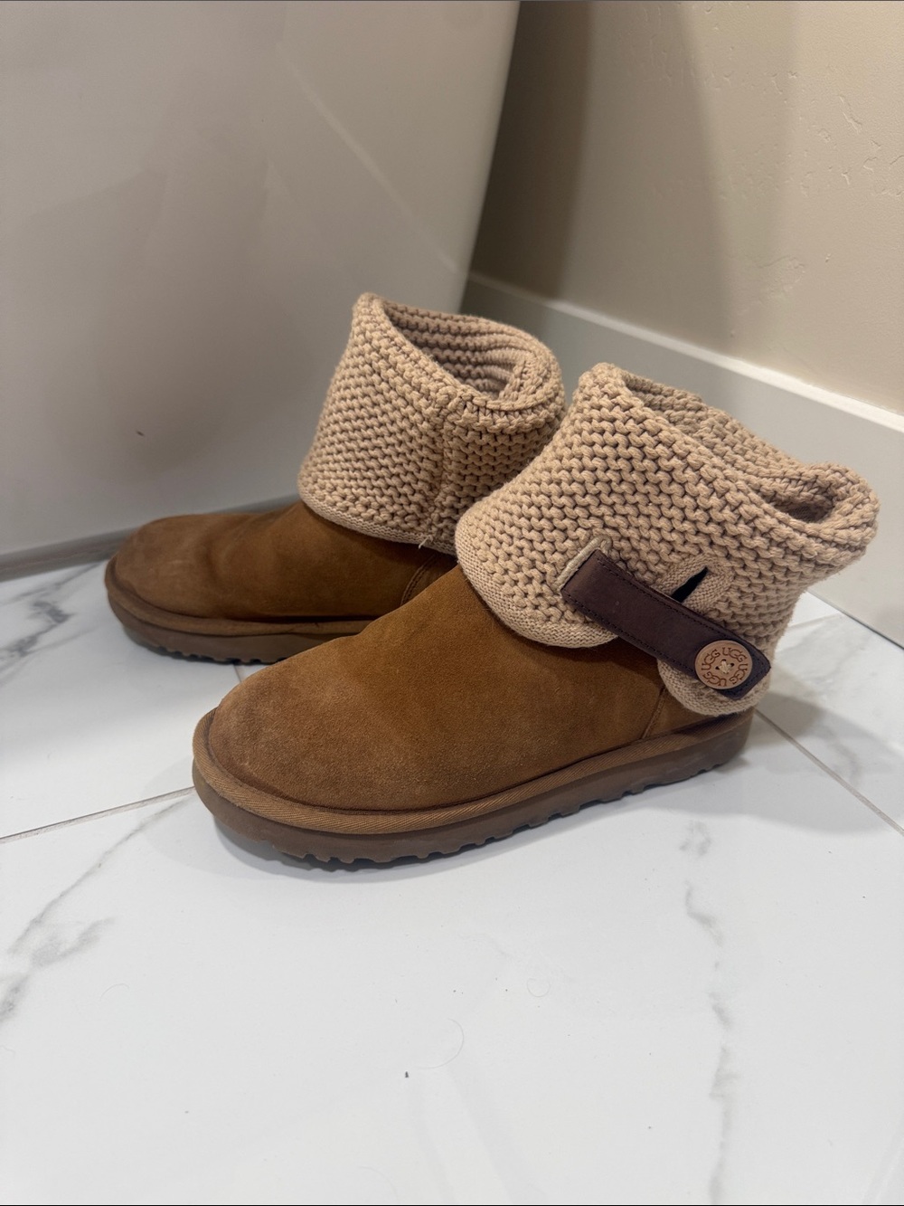 UGG Chestnut Brown Suede Ankle Booties with Cream Knit Cuff